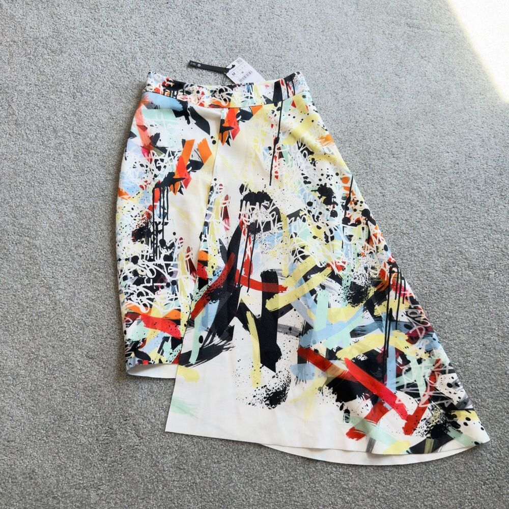 Zara Women's Abstract Pop Art Graffiti Print Asymmetrical Hem Midi Skirt NWT Med